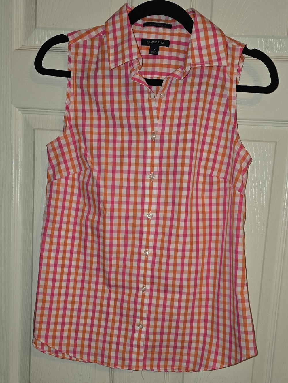 Lands' End Pink and Orange Gingham Sleeveless Button-Down